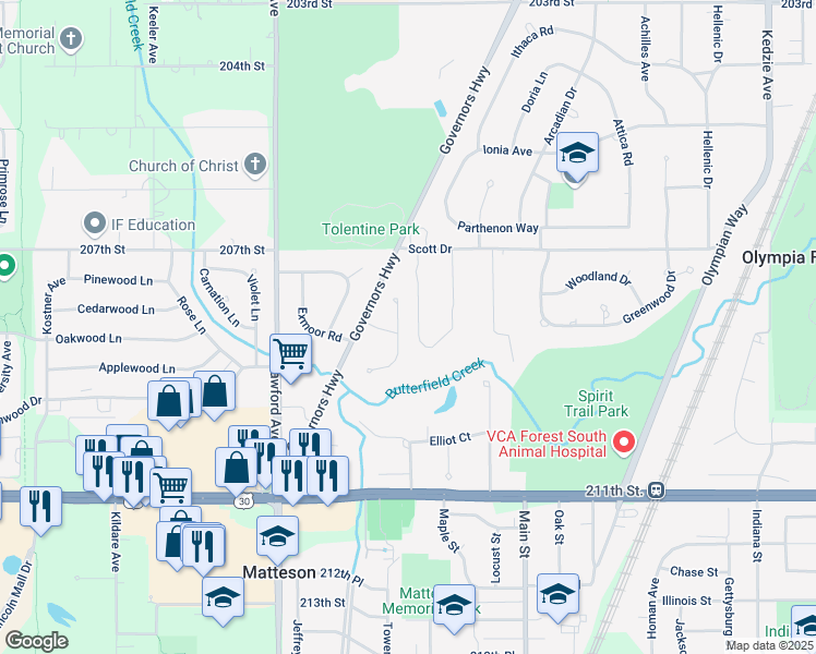 map of restaurants, bars, coffee shops, grocery stores, and more near 30 Danube Way in Olympia Fields