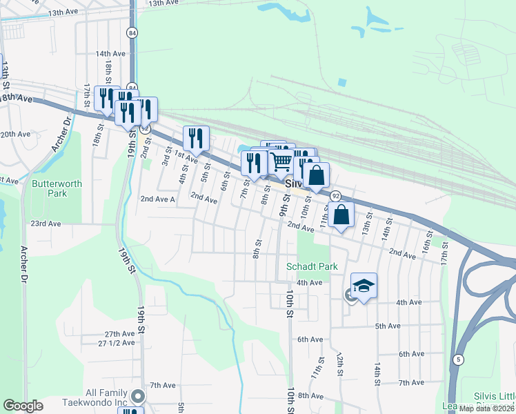 map of restaurants, bars, coffee shops, grocery stores, and more near 146 8th Street in Silvis