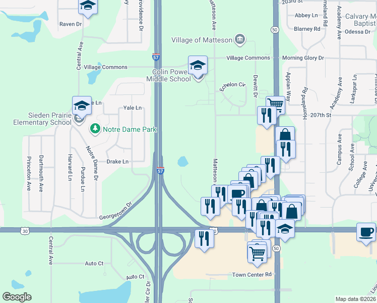 map of restaurants, bars, coffee shops, grocery stores, and more near 20740 Village Commons in Matteson