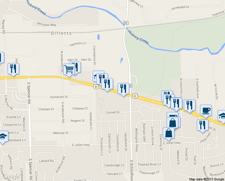 map of restaurants, bars, coffee shops, grocery stores, and more near 1880 East Lincoln Highway in New Lenox