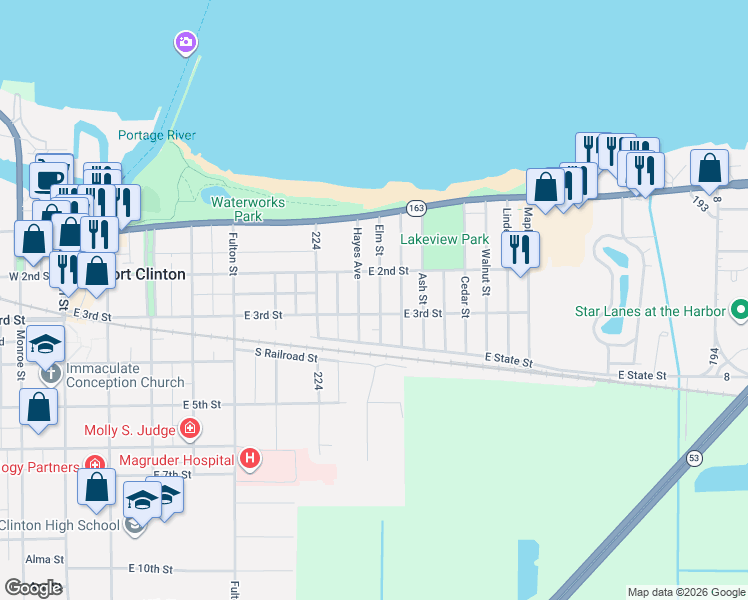 map of restaurants, bars, coffee shops, grocery stores, and more near 228 Elm Street in Port Clinton
