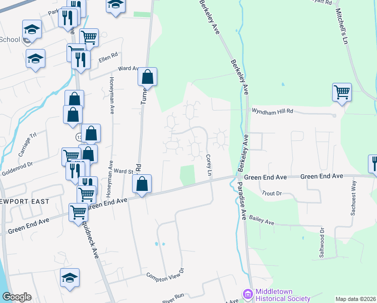 map of restaurants, bars, coffee shops, grocery stores, and more near 320 Corey Lane in Middletown