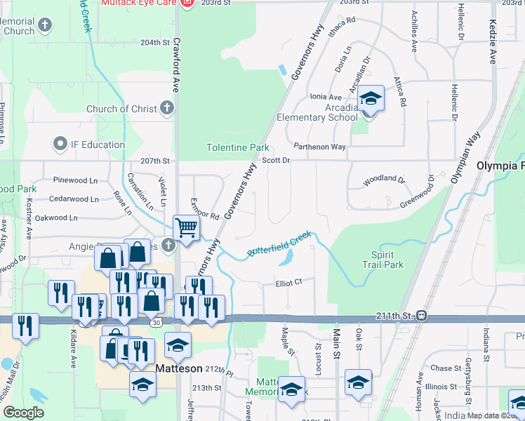 map of restaurants, bars, coffee shops, grocery stores, and more near 30 Danube Way in Olympia Fields
