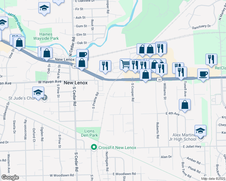 map of restaurants, bars, coffee shops, grocery stores, and more near 125 Twilight Lane in New Lenox