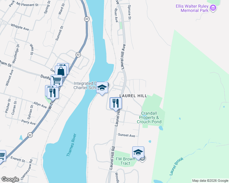 map of restaurants, bars, coffee shops, grocery stores, and more near 85 Hillside Court in Norwich