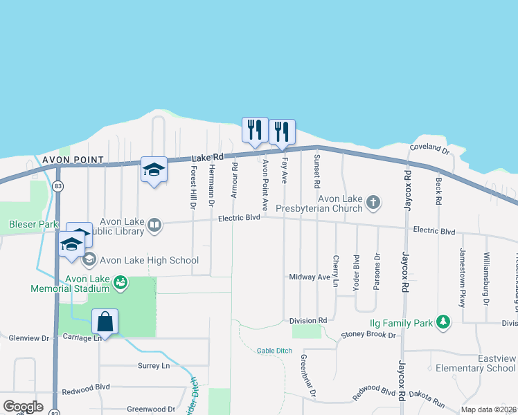 map of restaurants, bars, coffee shops, grocery stores, and more near 152 Avon Point Avenue in Avon Lake