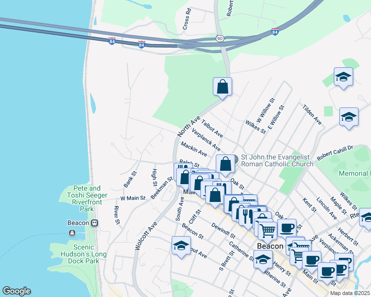 map of restaurants, bars, coffee shops, grocery stores, and more near 7 Mackin Avenue in Beacon