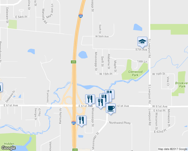 map of restaurants, bars, coffee shops, grocery stores, and more near 1554 Mississippi Street in Hobart