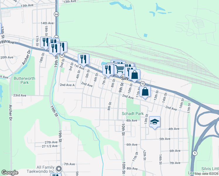 map of restaurants, bars, coffee shops, grocery stores, and more near 143 8th Street in Silvis