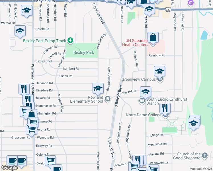 map of restaurants, bars, coffee shops, grocery stores, and more near 1791 Beaconwood Avenue in South Euclid