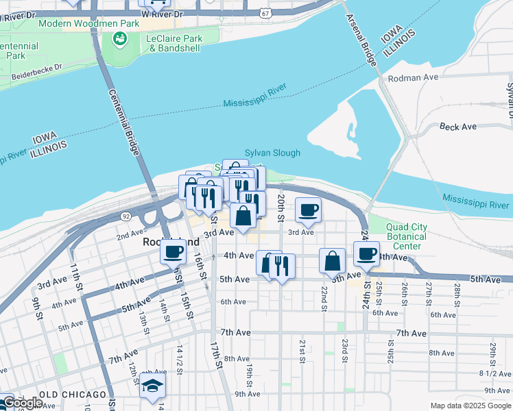 map of restaurants, bars, coffee shops, grocery stores, and more near 1829 2nd Avenue in Rock Island