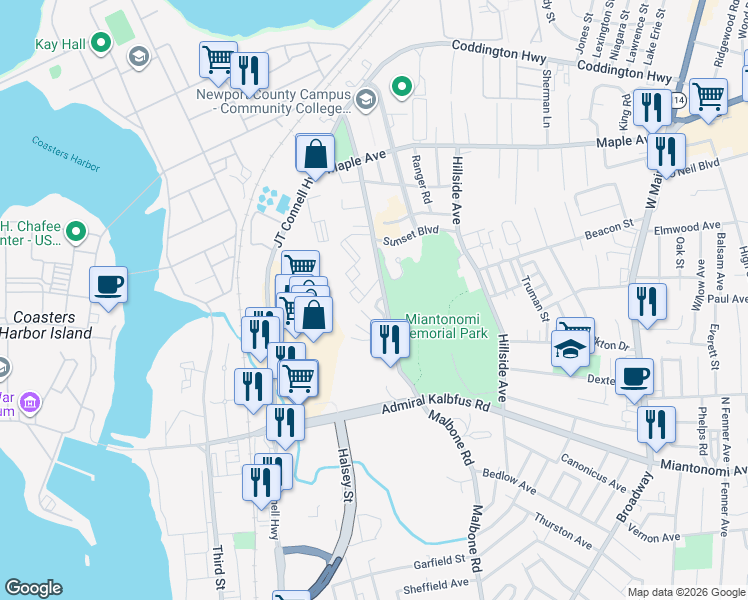 map of restaurants, bars, coffee shops, grocery stores, and more near 66 Girard Avenue in Newport