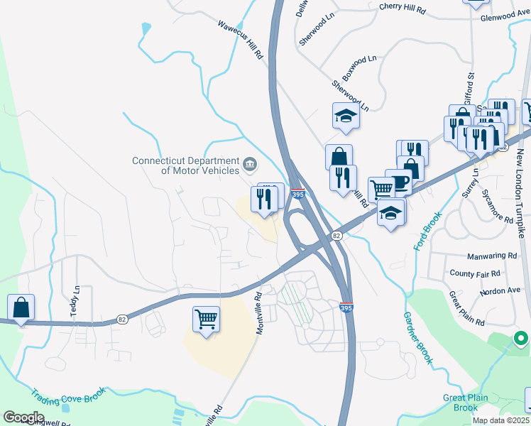 map of restaurants, bars, coffee shops, grocery stores, and more near 120 Laura Boulevard in Norwich