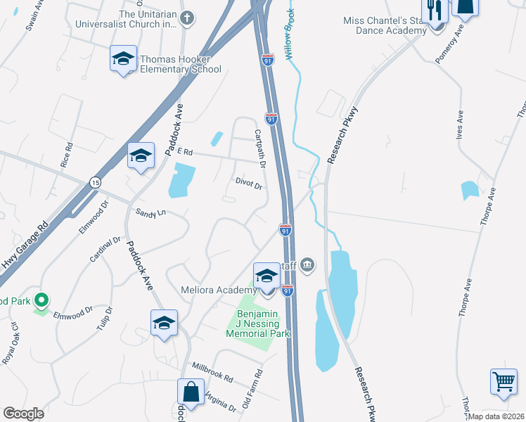 map of restaurants, bars, coffee shops, grocery stores, and more near 258 Cartpath Drive in Meriden