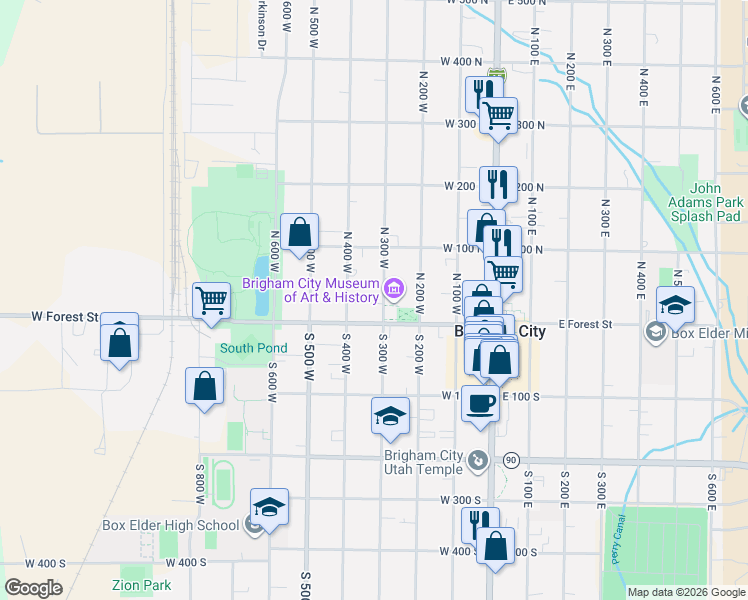 map of restaurants, bars, coffee shops, grocery stores, and more near 16 North 400 West in Brigham City