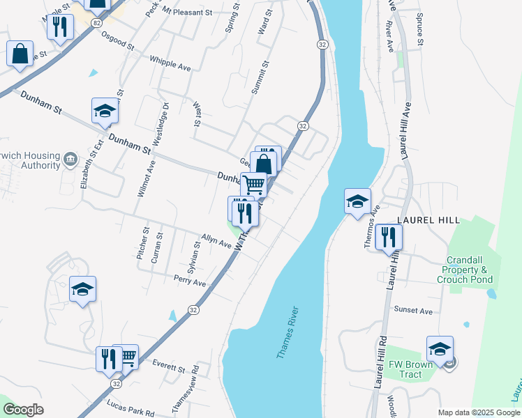 map of restaurants, bars, coffee shops, grocery stores, and more near 244 West Thames Street in Norwich