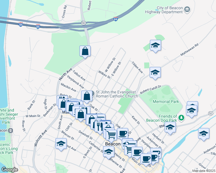 map of restaurants, bars, coffee shops, grocery stores, and more near 2 East Willow Street in Beacon