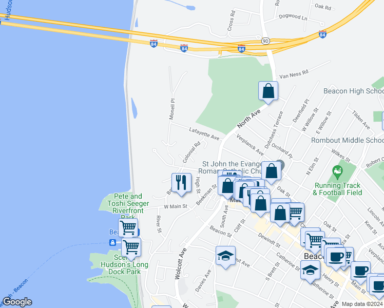 map of restaurants, bars, coffee shops, grocery stores, and more near 8 Colonial Road in Beacon