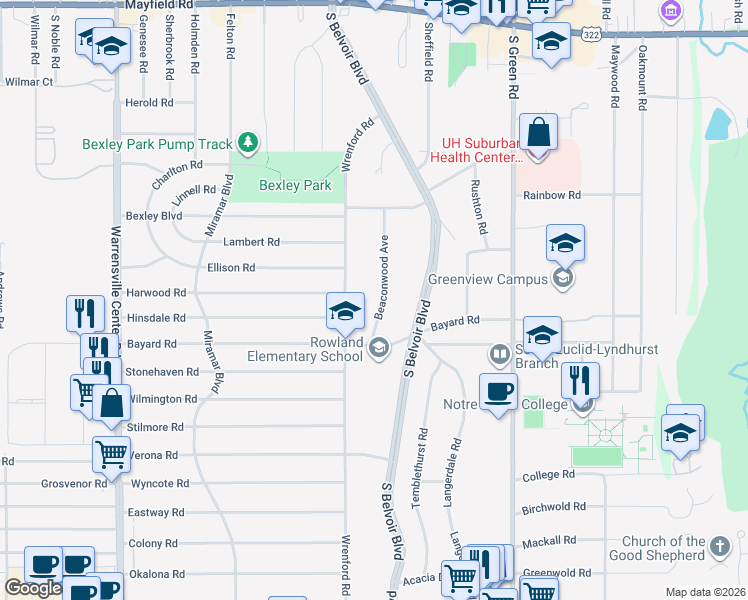 map of restaurants, bars, coffee shops, grocery stores, and more near 1791 Beaconwood Avenue in South Euclid