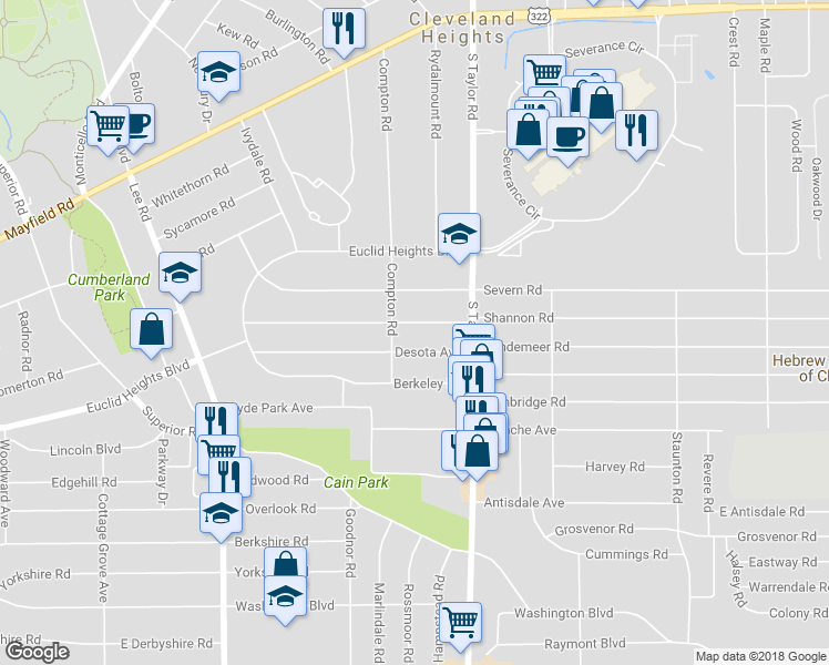 map of restaurants, bars, coffee shops, grocery stores, and more near 3405 Desota Avenue in Cleveland Heights