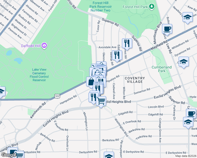 map of restaurants, bars, coffee shops, grocery stores, and more near 1782 Coventry Road in Cleveland Heights