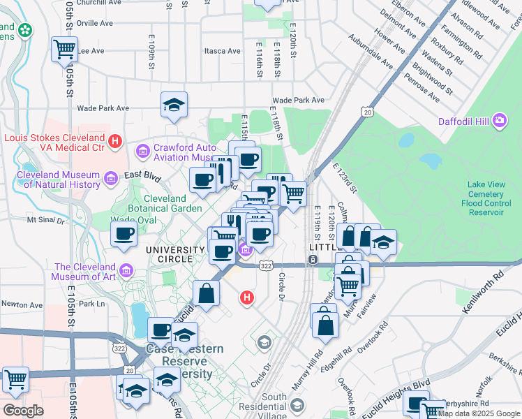 map of restaurants, bars, coffee shops, grocery stores, and more near in Cleveland