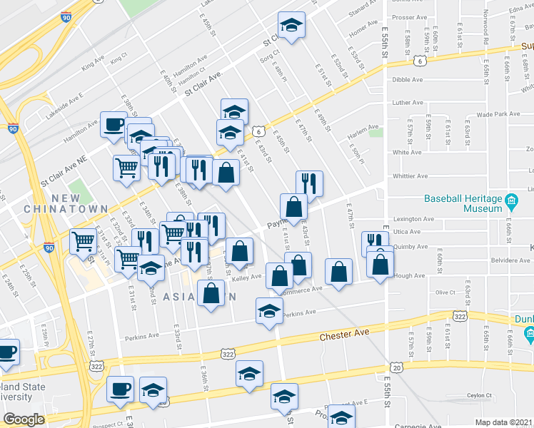 map of restaurants, bars, coffee shops, grocery stores, and more near 4049 Payne Avenue in Cleveland