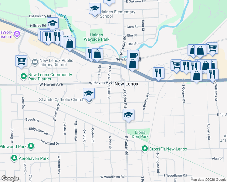 map of restaurants, bars, coffee shops, grocery stores, and more near 131 West 1st Avenue in New Lenox