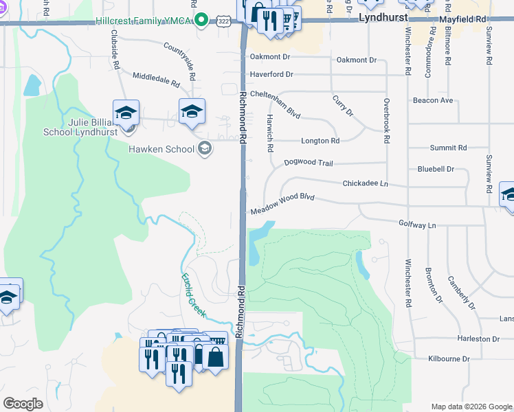 map of restaurants, bars, coffee shops, grocery stores, and more near 5099 Meadow Wood Boulevard in Lyndhurst