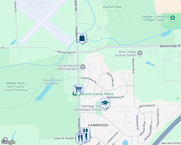 map of restaurants, bars, coffee shops, grocery stores, and more near 602 Silver Leaf Drive in Joliet