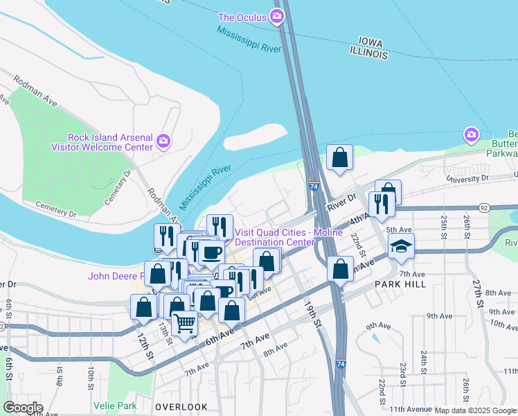 map of restaurants, bars, coffee shops, grocery stores, and more near 1850 1st Street in Moline