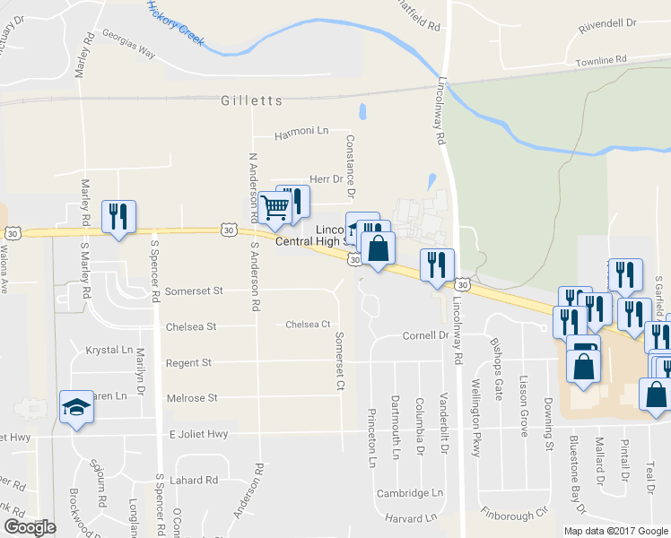 map of restaurants, bars, coffee shops, grocery stores, and more near 941 Somerset Place in New Lenox