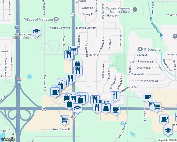 map of restaurants, bars, coffee shops, grocery stores, and more near 20813 Homeland Road in Matteson