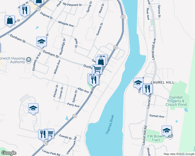 map of restaurants, bars, coffee shops, grocery stores, and more near 235 West Thames Street in Norwich