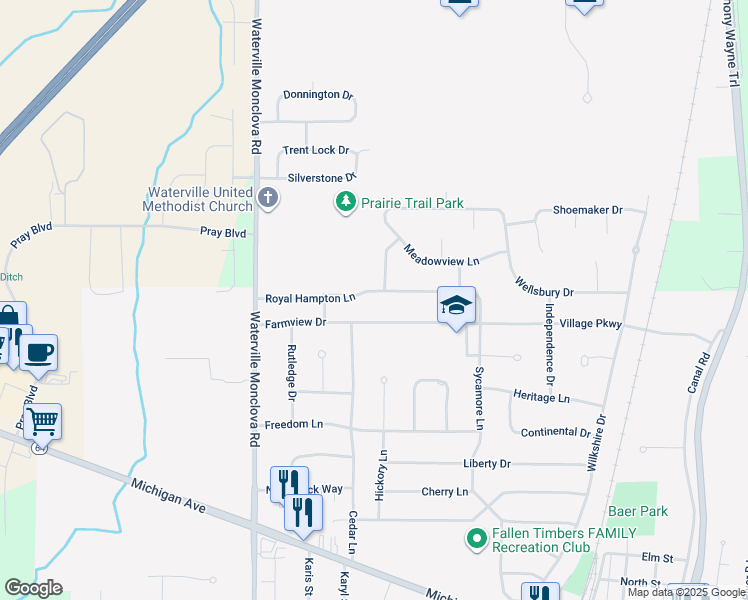 map of restaurants, bars, coffee shops, grocery stores, and more near 7959 Royal Hampton Lane in Waterville