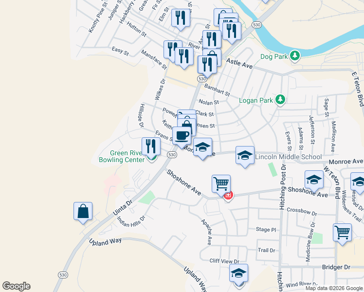 map of restaurants, bars, coffee shops, grocery stores, and more near 901-999 Uinta Dr in Green River