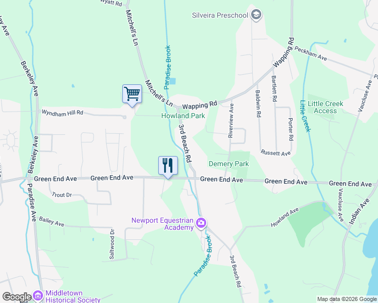 map of restaurants, bars, coffee shops, grocery stores, and more near 102 3rd Beach Road in Middletown