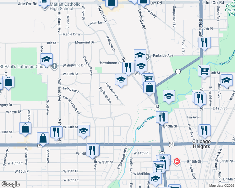 map of restaurants, bars, coffee shops, grocery stores, and more near 1133 Parkview Avenue in Chicago Heights