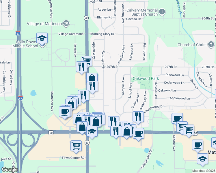 map of restaurants, bars, coffee shops, grocery stores, and more near 830 Academy Avenue in Matteson