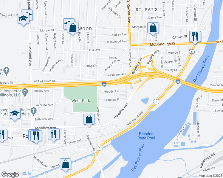 map of restaurants, bars, coffee shops, grocery stores, and more near 609 Ida Street in Joliet