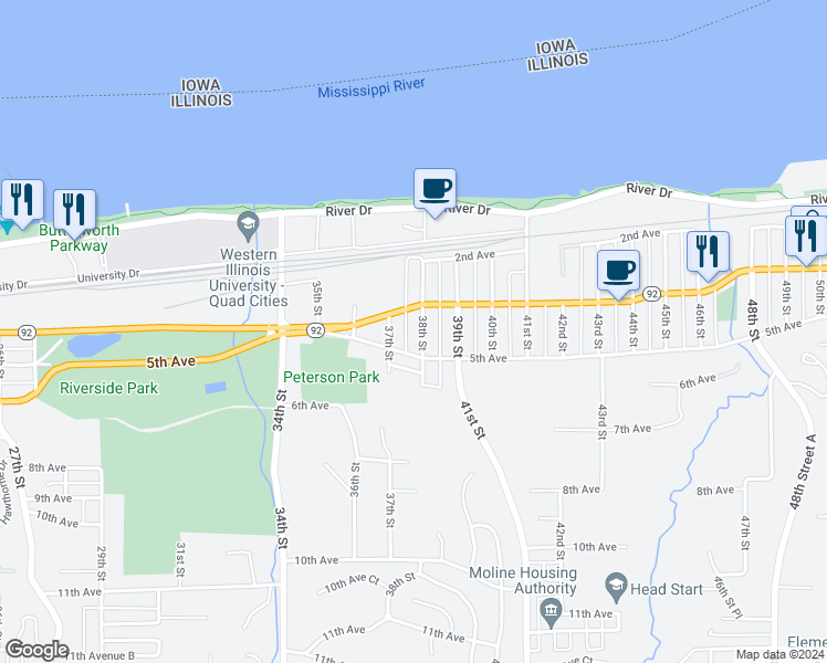 map of restaurants, bars, coffee shops, grocery stores, and more near 423 38th Street in Moline