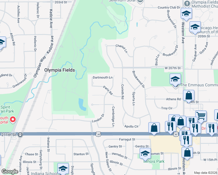 map of restaurants, bars, coffee shops, grocery stores, and more near 2825 Paris Road in Olympia Fields