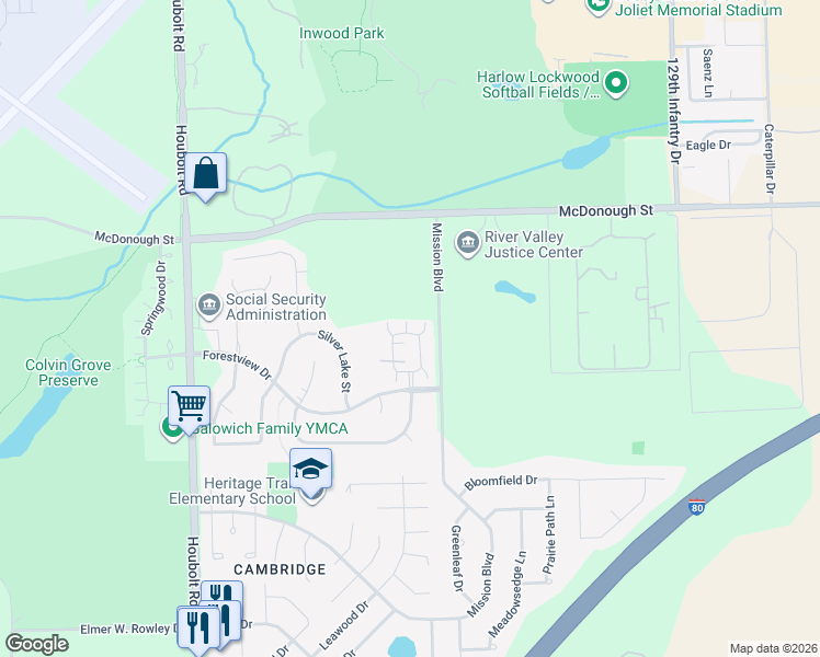 map of restaurants, bars, coffee shops, grocery stores, and more near 594 Berry Ridge Drive in Joliet