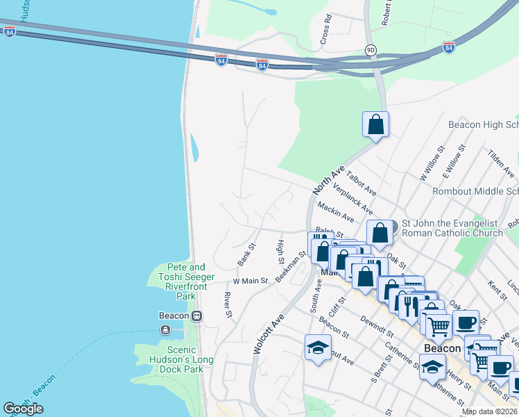 map of restaurants, bars, coffee shops, grocery stores, and more near 5 Colonial Road in Beacon