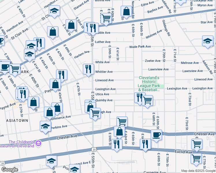 map of restaurants, bars, coffee shops, grocery stores, and more near 5811 Lexington Avenue in Cleveland