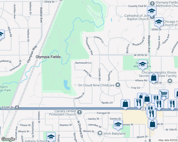 map of restaurants, bars, coffee shops, grocery stores, and more near 2825 Paris Road in Olympia Fields