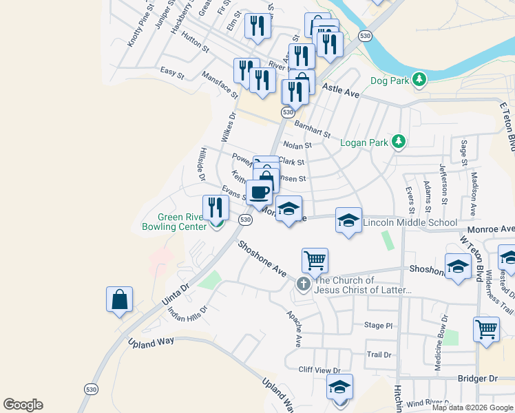 map of restaurants, bars, coffee shops, grocery stores, and more near 901-999 Uinta Dr in Green River
