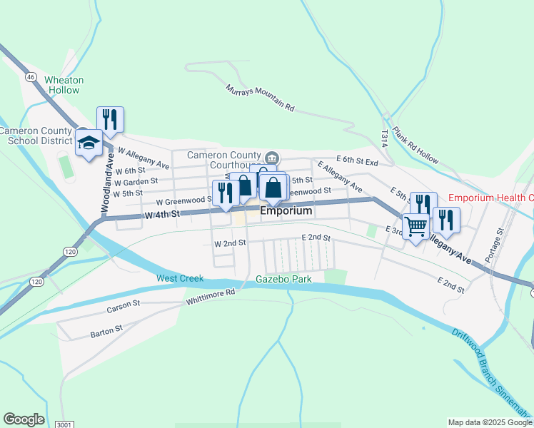map of restaurants, bars, coffee shops, grocery stores, and more near 31 South Cherry Street in Emporium