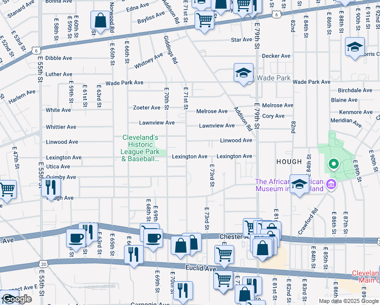 map of restaurants, bars, coffee shops, grocery stores, and more near 7105 Lexington Avenue in Cleveland