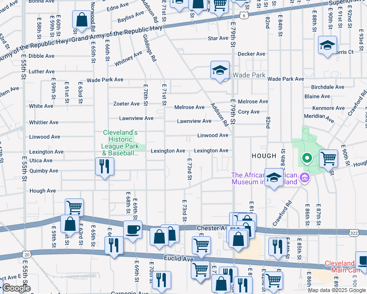 map of restaurants, bars, coffee shops, grocery stores, and more near 7303 Lexington Avenue in Cleveland